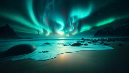 Majestic Northern Lights Over Serene Beach at Nighttime