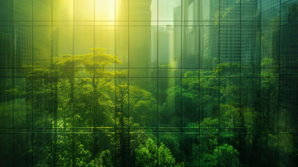A green forest with tall buildings in the background