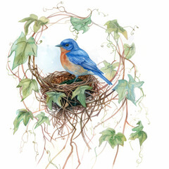 Watercolor painting of a charming bluebird building its nest amidst a tangle of vines, on isolated white background, Generative AI