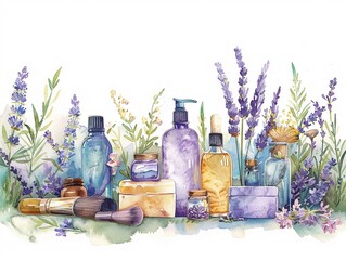 Charming watercolor illustration with an array of lavender based cosmetics, including bottles of essential oils and handcrafted soap, set in bright pastels against a white background