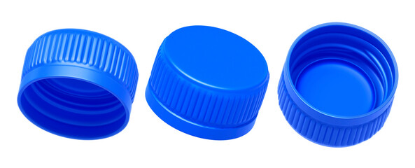 Blue plastic bottle caps, transparent background