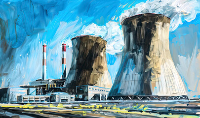 Artistic depiction of a thermal power station with cooling towers
