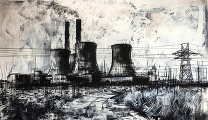 Industrial landscape painting in monochrome of a power plant