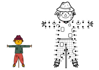Dot to dot game for kids. Connect the dots and draw a cute scarecrow. Farm character puzzle activity page. Vector illustration

