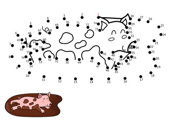 Dot to dot game for kids. Connect the dots and draw a cute pig in the puddle of mud. Farm animal puzzle activity page. Vector illustration