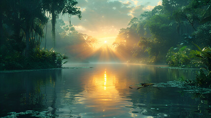 

Morning Serenity Dawn in the Amazon Rainforest,
Sunlight shining through the trees onto a pond with lily pads
