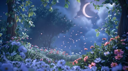 Beautiful night landscape with stars and moon, surrounded by a meadow of bright purple and pink flowers and lush green plants under white clouds, with a cobalt blue sky. 