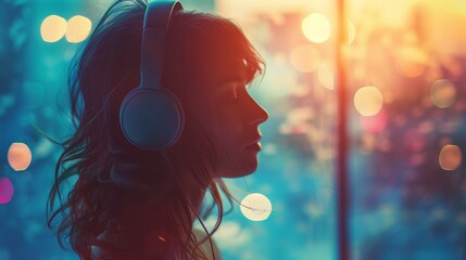 A woman wearing headphones is looking out the window