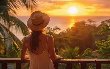 
A woman in a hat looks at a romantic Caribbean sunset while standing on a balcony. Roatan Island, very beautiful view