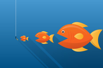 Big fish eat small fish on blue background. Feeding cycle. Management business concepts. vector illustration flat design.