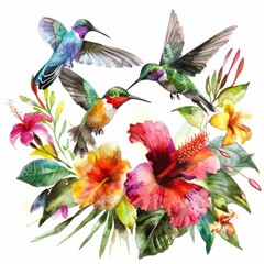Watercolor painting of a group of colorful hummingbirds flitting among tropical flowers, on isolated white background, Generative AI