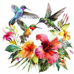 Fototapeta premium Watercolor painting of a group of colorful hummingbirds flitting among tropical flowers, on isolated white background, Generative AI