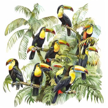 toucans perched in lush tropical setting