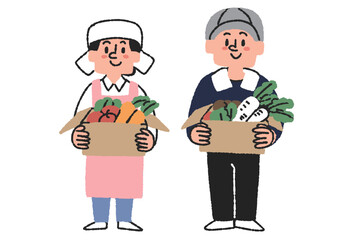 段ボールに入った野菜の箱を持っている農家の人のセット