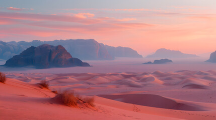 A photo featuring a serene desert landscape at dawn. Highlighting the shifting sand dunes under the soft glow of morning light, while surrounded by distant mountains
