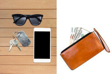 Cash in brown wallet isolate on white background, sunglasses and smartphone with house key on wooden table, finanacial and life style concept