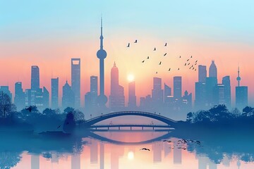 Tranquil Cityscape: Stylized Illustration of Urban Serenity