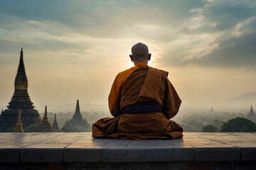 A silhouette of a Burmese monk with bokeh background - obrazy, fototapety, plakaty