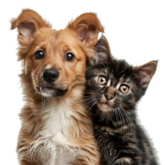 Portrait of Happy dog and cat that looking at the camera together isolated on transparent background, friendship between dog and cat, amazing friendliness of the pets