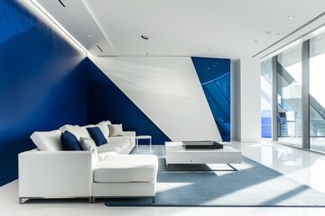 A contemporary living room featuring a white couch against a striking blue wall