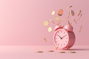 Beautiful and Classic pink desktop alarm clock on pink background with dollar coins