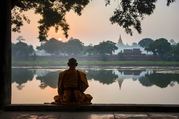 A silhouette pf a Burmese monk with peaceful background - obrazy, fototapety, plakaty