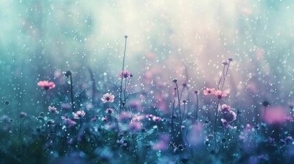 A soft and blurry watercolor background with gentle rain falling on a field of wildflowers, capturing a peaceful atmosphere.