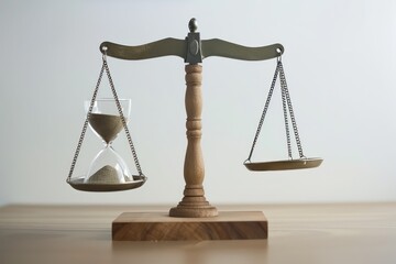 Weight scale and tools, Scales of justice with vintage Hourglass studio shot isolated