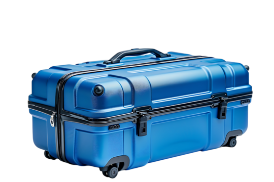 Blue plastic suitcase on isolated transparent background