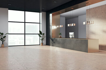 Modern luxury office reception with window and city view. 3D Rendering.