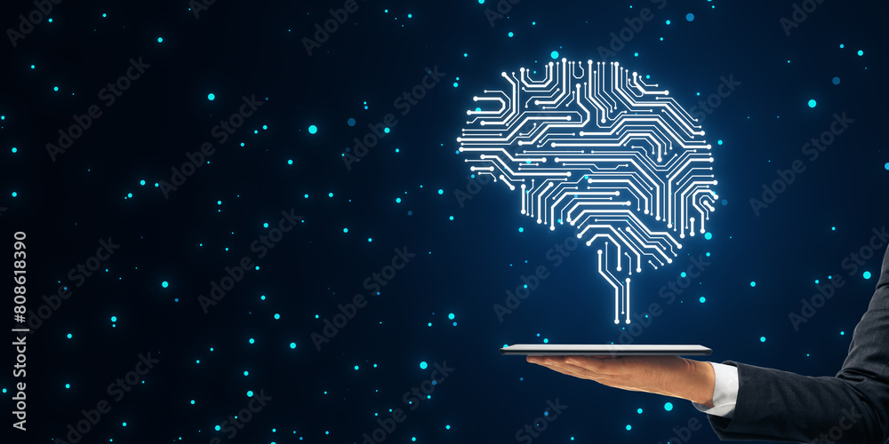 Poster close up of male hand holding smartphone with creative circuit brain hologram on dark starry backgro