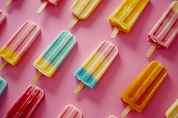 Various vibrant popsicles neatly arranged on a pink surface