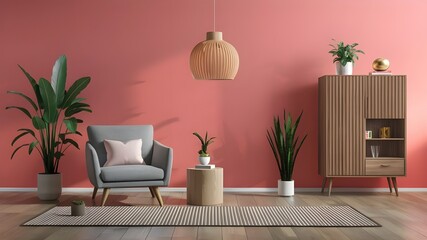interior design for living area or reception with grey carpet , armchair,plant,cabinet on wood floor and pink background .