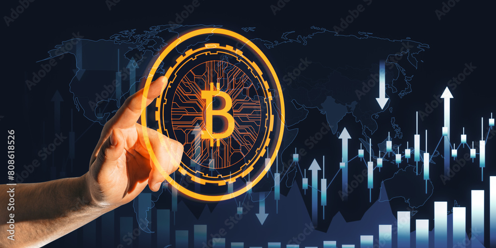 Poster Close up of male hand using creative glowing digital bitcoin on dark tech background with forex chart and arrows. Broker and futuristic banking concept.