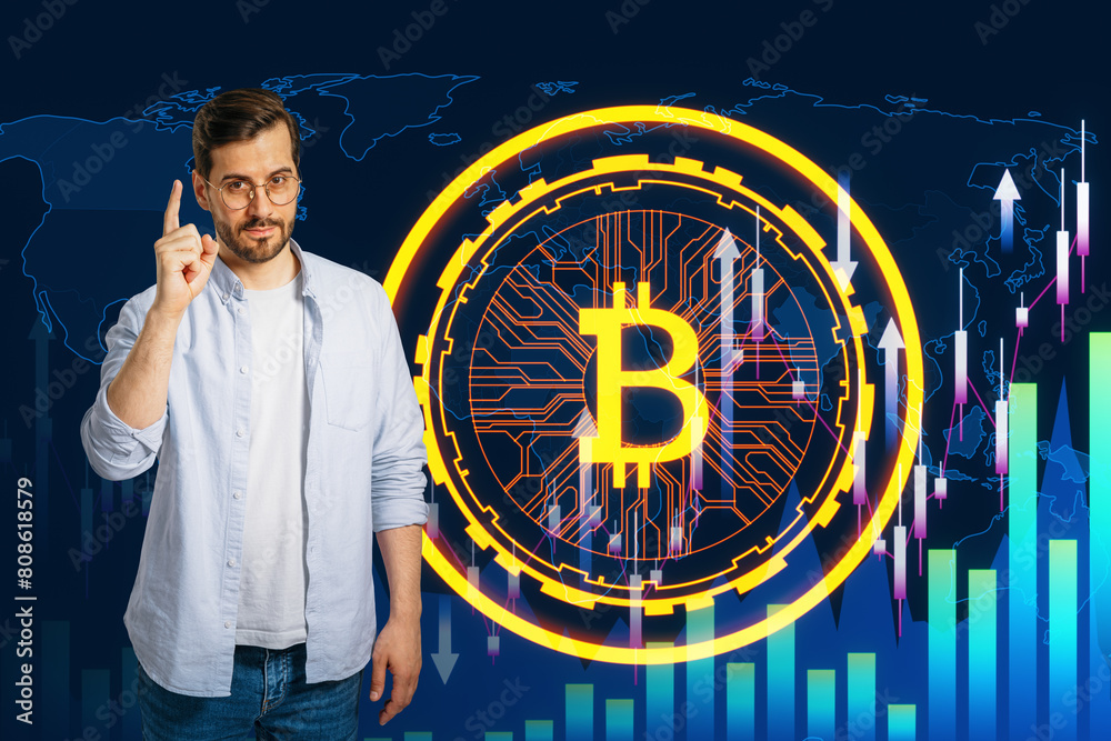 Poster thoughtful young businessman with creative glowing digital bitcoin on dark tech background with fore