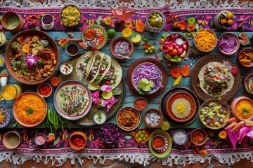 A colorful table spread with an assortment of Mexican tacos and a variety of different types of food