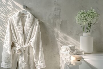 A white robe elegantly displayed on a light wall, creating a serene atmosphere