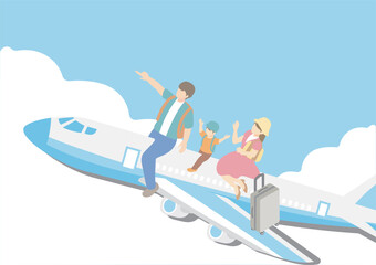 トラベル　夏　フレーム　人物　家族　ファミリー　飛行機　トラベル　アイソメトリック風　イラスト素材
