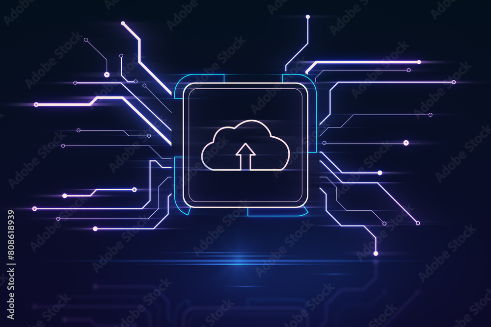 Poster Creative square circuit button hologram with cloud icon on dark background. Technology and cloud computing concept. 3D Rendering.