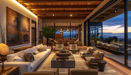 Fototapeta premium Luxurious Living Room with Open Layout and Scenic View at Sunset