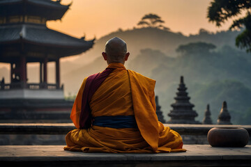 A silhouette of a Burmese monk with peaceful background - obrazy, fototapety, plakaty