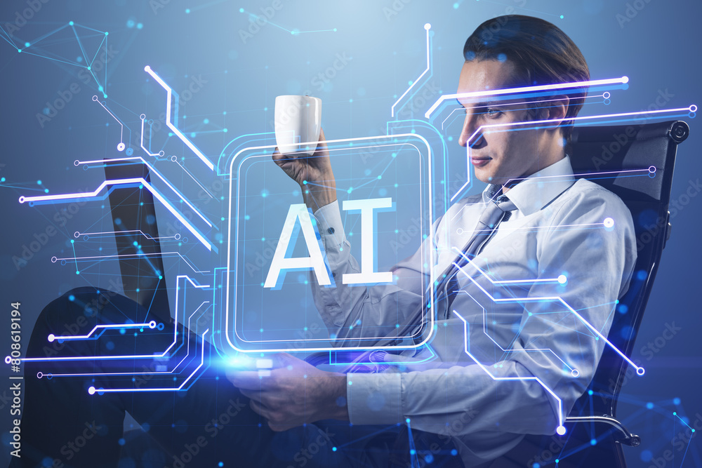 Poster Attractive young man with coffee cup sitting and using laptop with creative square circuit button hologram with AI icon. Technology and artificial intelligence, machine concept. Double exposure.