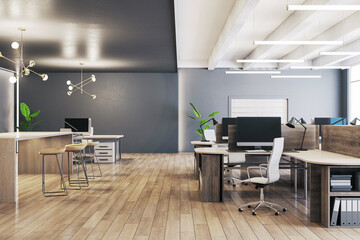 Spacious office interior with modern furniture, decorative lighting, and wooden floor. 3D Rendering