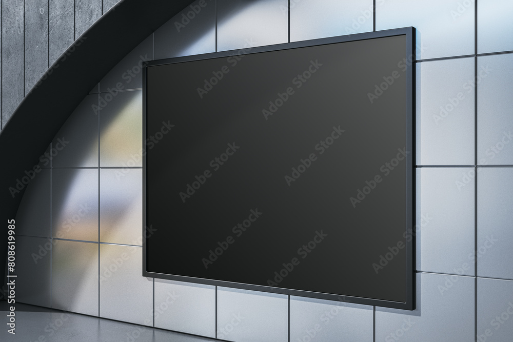 Aufkleber modern underground interior with empty black mock up frame on tile wall. 3d rendering.