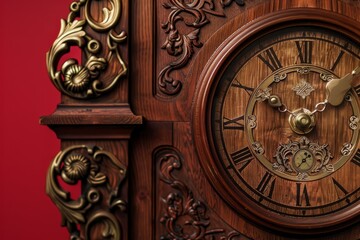 Closeup of a large wooden clock with detailed carvings and brass accents on a vibrant red background