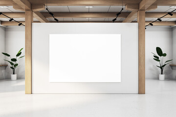 A modern gallery interior with a large blank white canvas on a clean wall, natural wood accents, and spotlights, representing an art exhibition space. 3D Rendering