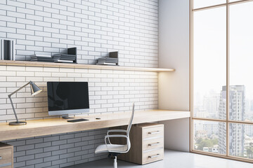 Clean white brick coworking office interior with panoramic window, wooden furniture and city view....