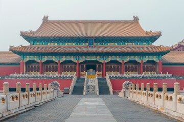 A grand Chinese palace with vermilion walls, golden roofs, and dragon statues guarding the entrance, showcasing imperial splendor, Generative AI