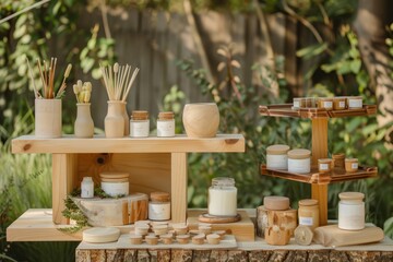 Front view of a wooden table topped with jars and candles, showcasing handmade artisanal products like pottery and wooden items