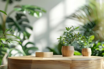 Three small plants are arranged neatly on a wooden table, creating a simple and natural decor element